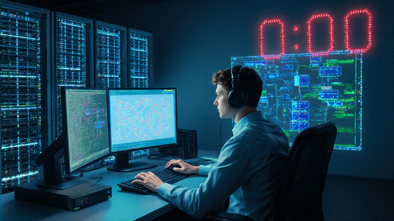 A candidate working in a high-tech networking lab with racks and glowing screens.
