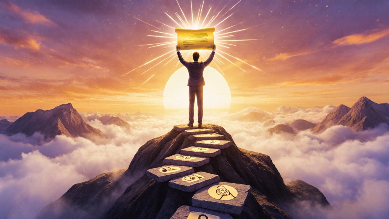 A triumphant professional standing on a summit holding a glowing certificate.