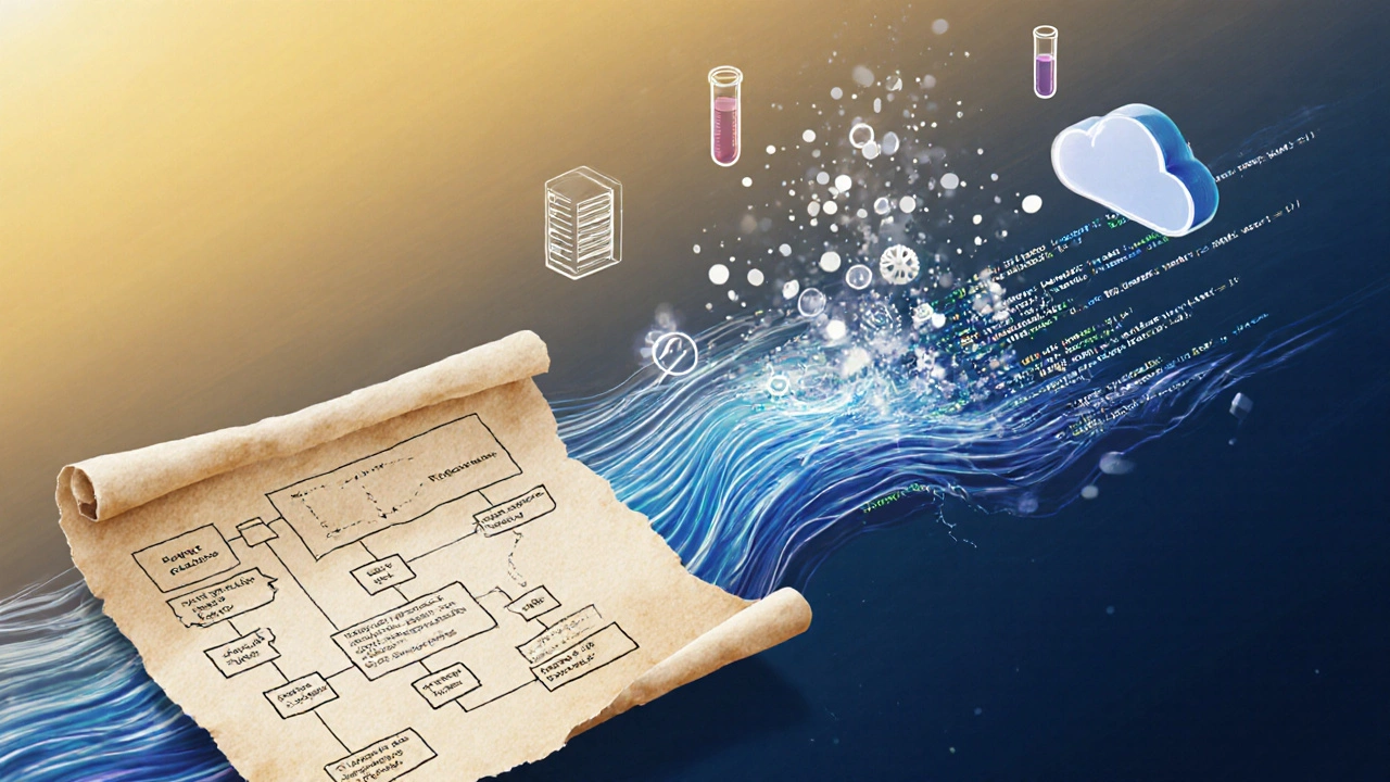 Abstract illustration of a flowchart turning into code with icons for architecture and testing.