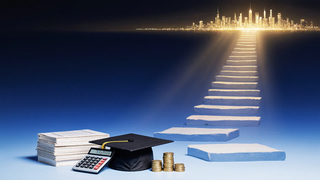 Conceptual scene showing graduation cap, calculator, coins and a glowing path to a city skyline.