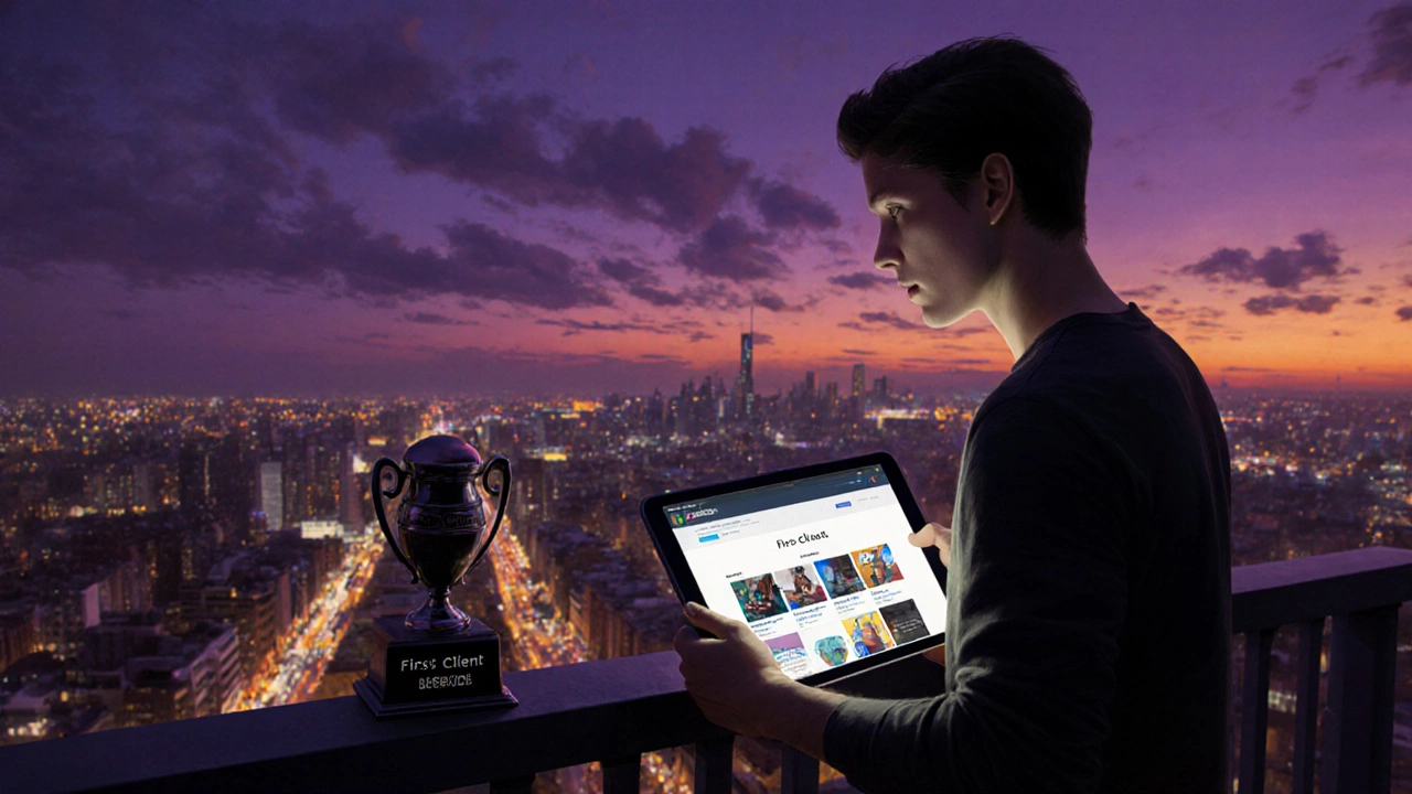 Developer on a balcony at dusk presenting a portfolio tablet with city skyline.