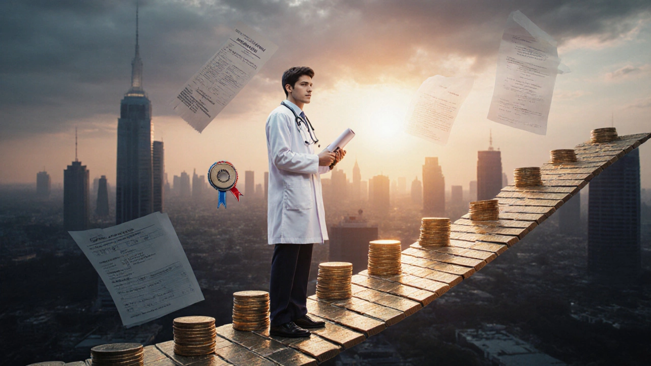Doctor standing on a path of coins leading to a city skyline, symbolizing ROI.