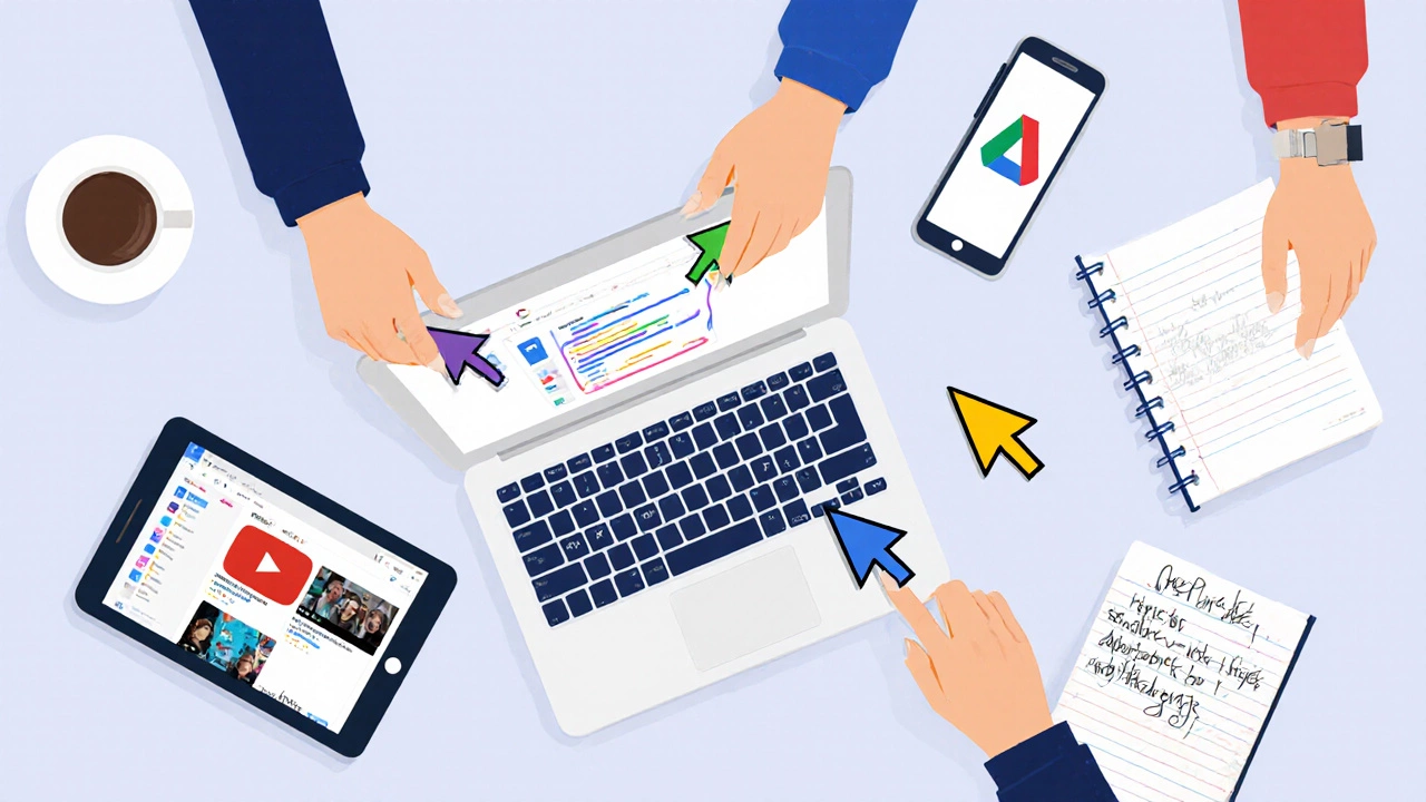 Five students collaboratively editing a document in Google Docs, with YouTube and Drive open on nearby devices.