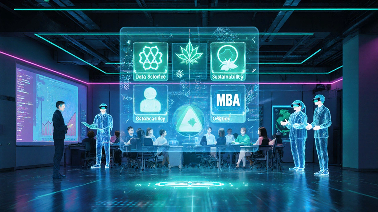 Futuristic AI hub displaying holographic candidate portfolios alongside a high‑tech classroom.