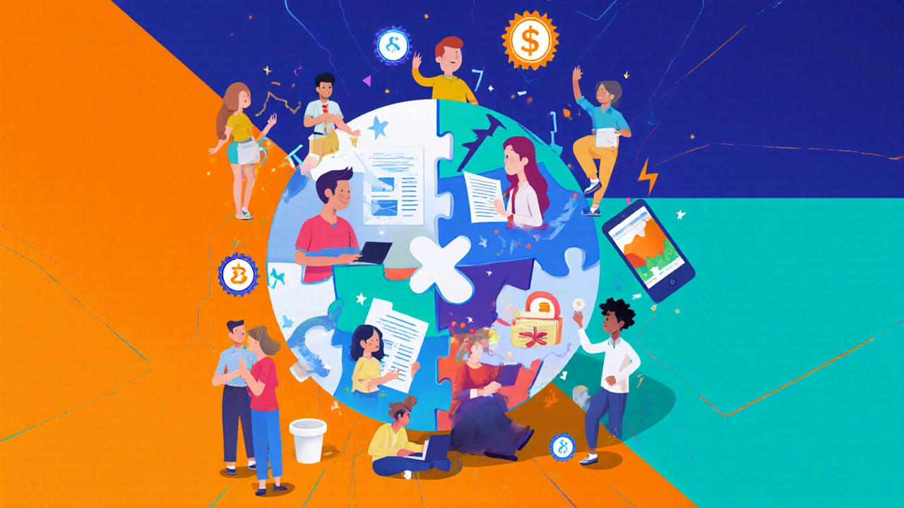 Globelike puzzle of instructors, corporate clients, mobile app, and badges.