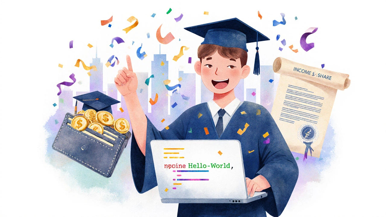 Graduate celebrating with laptop, confetti, and symbols of scholarships and saved money.