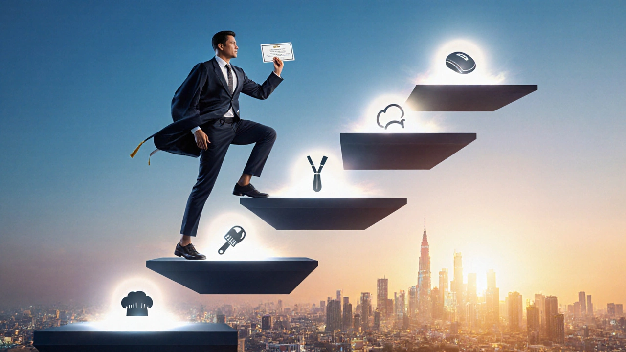 Graduate holding a certificate steps onto floating platforms leading toward a sunrise city skyline.