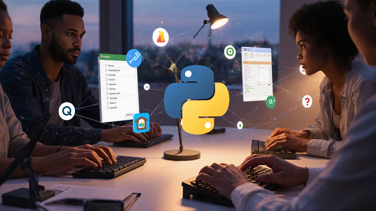Hands typing Python code as icons transform into real-life automation tools.