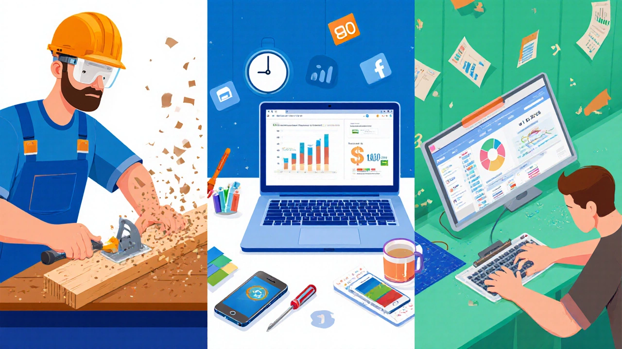 Illustrated collage of five fast trades: carpentry, digital marketing, phone repair, graphic design, data entry.