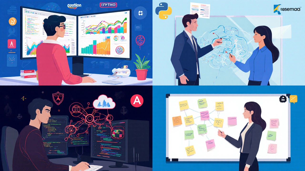 Illustrated collage of five high‑pay career scenes: data science, cloud, cybersecurity, AI, product management.