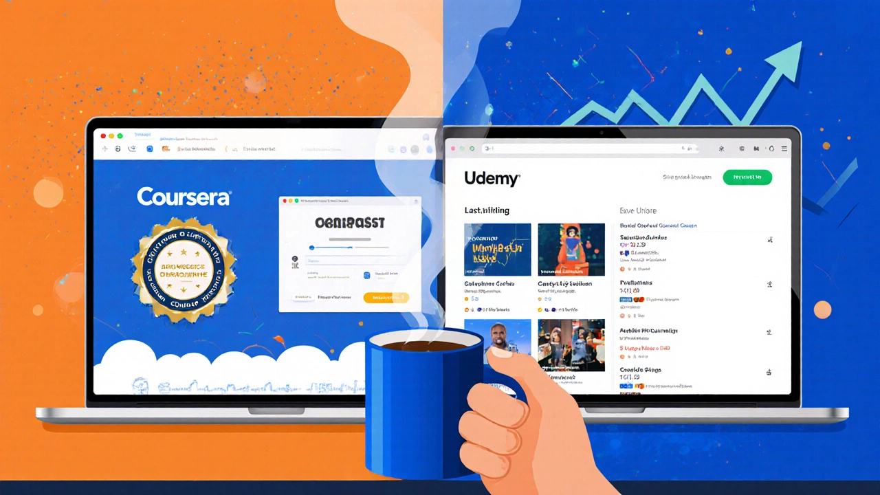 Illustrated split-screen of two online learning platforms on laptops, coffee mug nearby.