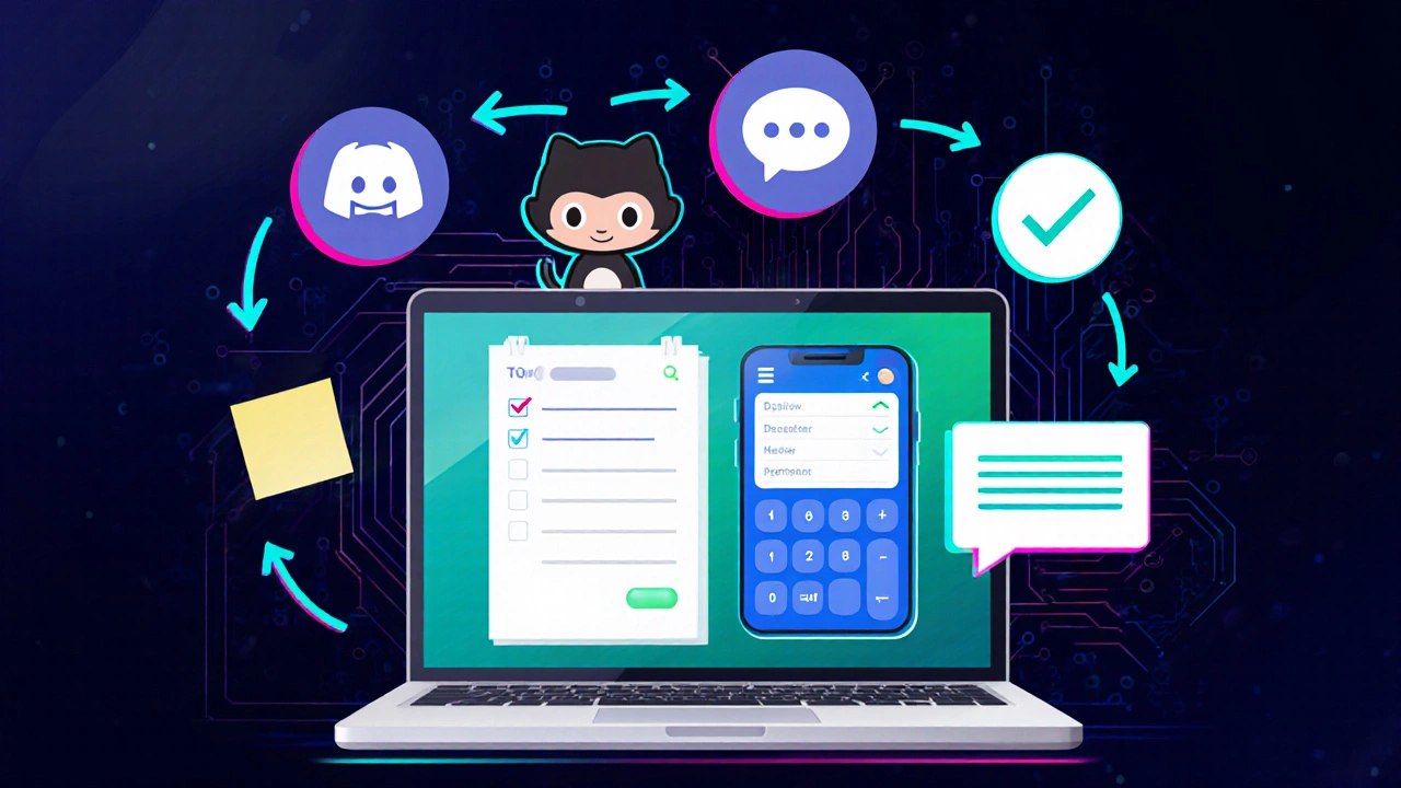 Illustrated workspace showing a calculator app, to‑do list, GitHub and community icons.