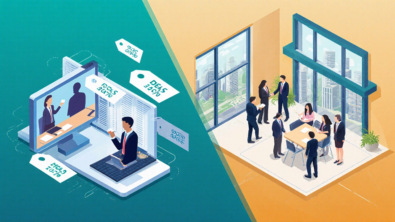 Isometric split scene of a home office online MBA and a hybrid campus residency with networking.