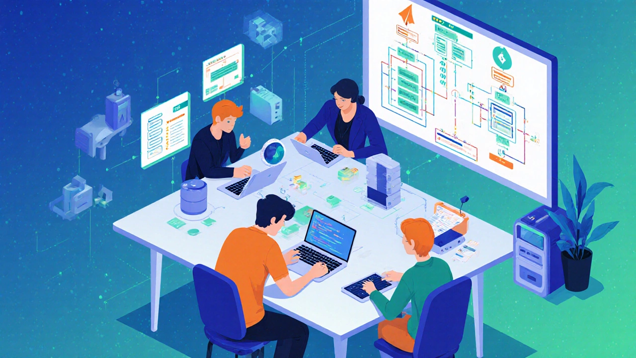 Isometric view of a startup team planning architecture while a junior writes Node.js code.