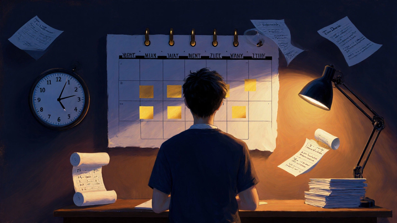 Oil painting of a student planning study cycles with calendar, hourglass, and cheat‑sheet icons.