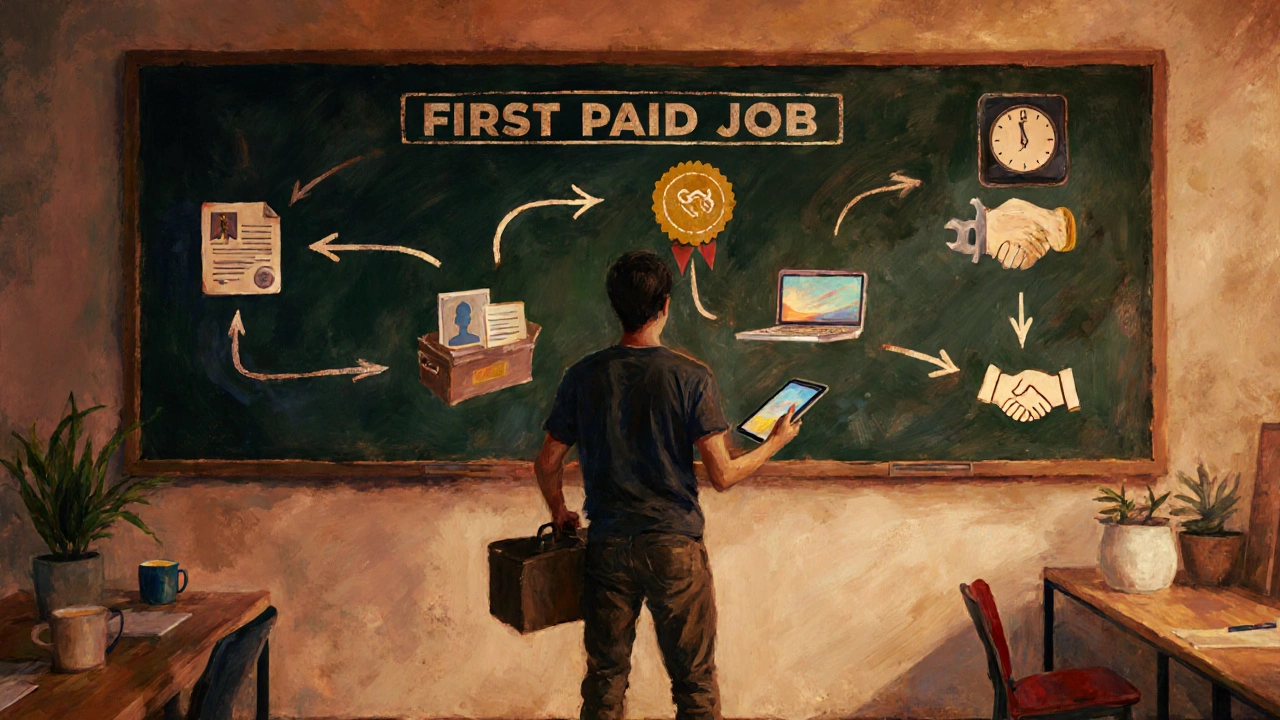 Painterly scene of a roadmap on a chalkboard showing steps from learning to first paid job.