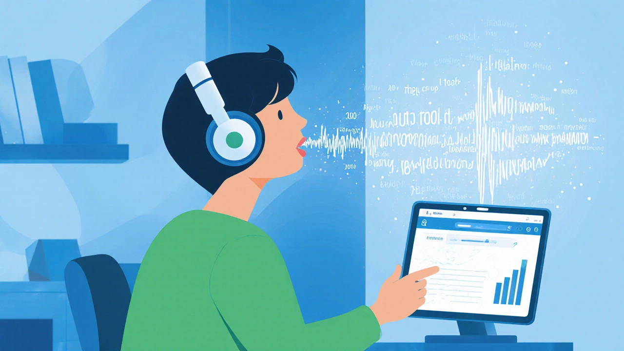 Person practicing shadowing with headphones, soundwave overlay and app feedback.