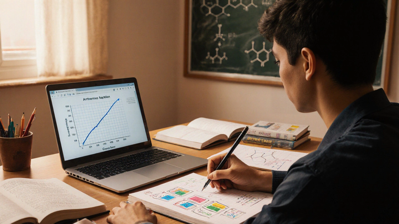 Photo of a student studying JEE Chemistry with notes, equations, and a crystal field diagram on the desk.