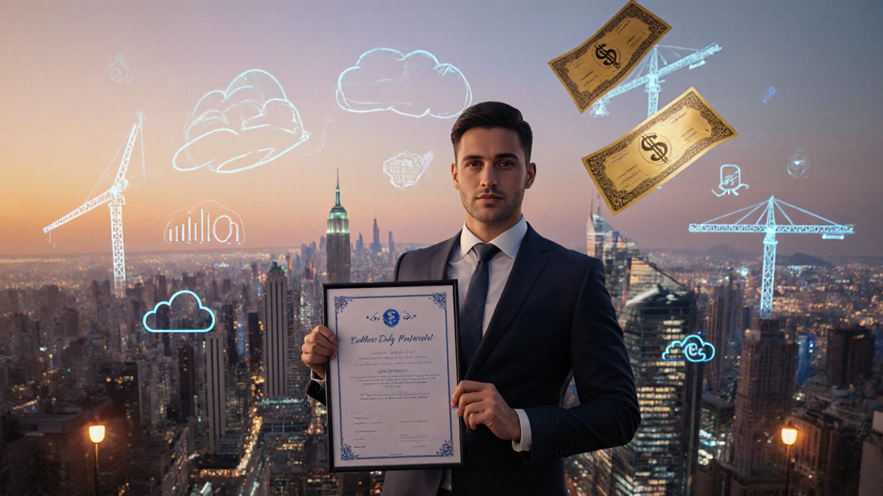 Professional holding a certificate with a glowing salary check against global city skyline.