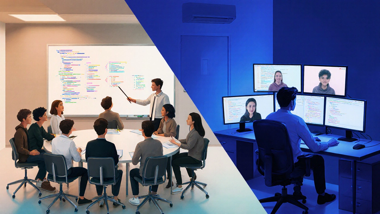 Side‑by‑side view of a small classroom lecture and a solo home study setup for coding learning.