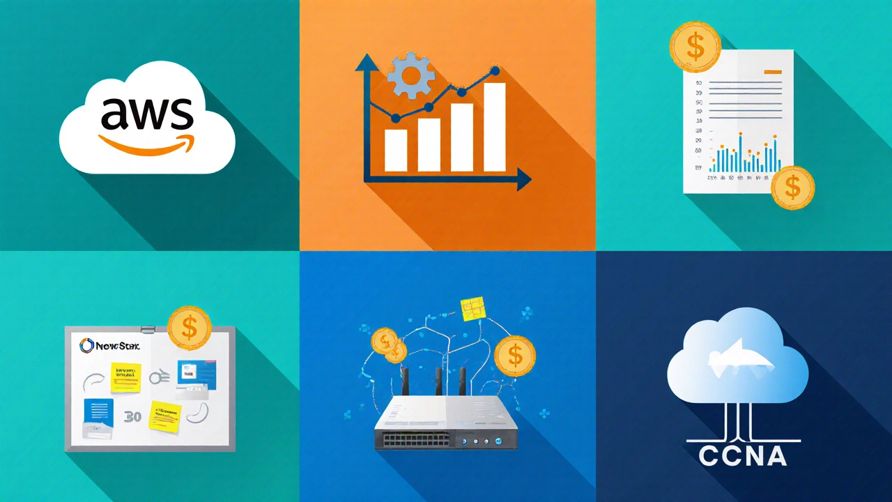 Six tech icons representing top certificates, each highlighted with floating gold coins.