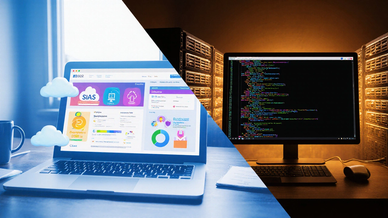 Split view of laptop with SaaS dashboard versus server rack with code.
