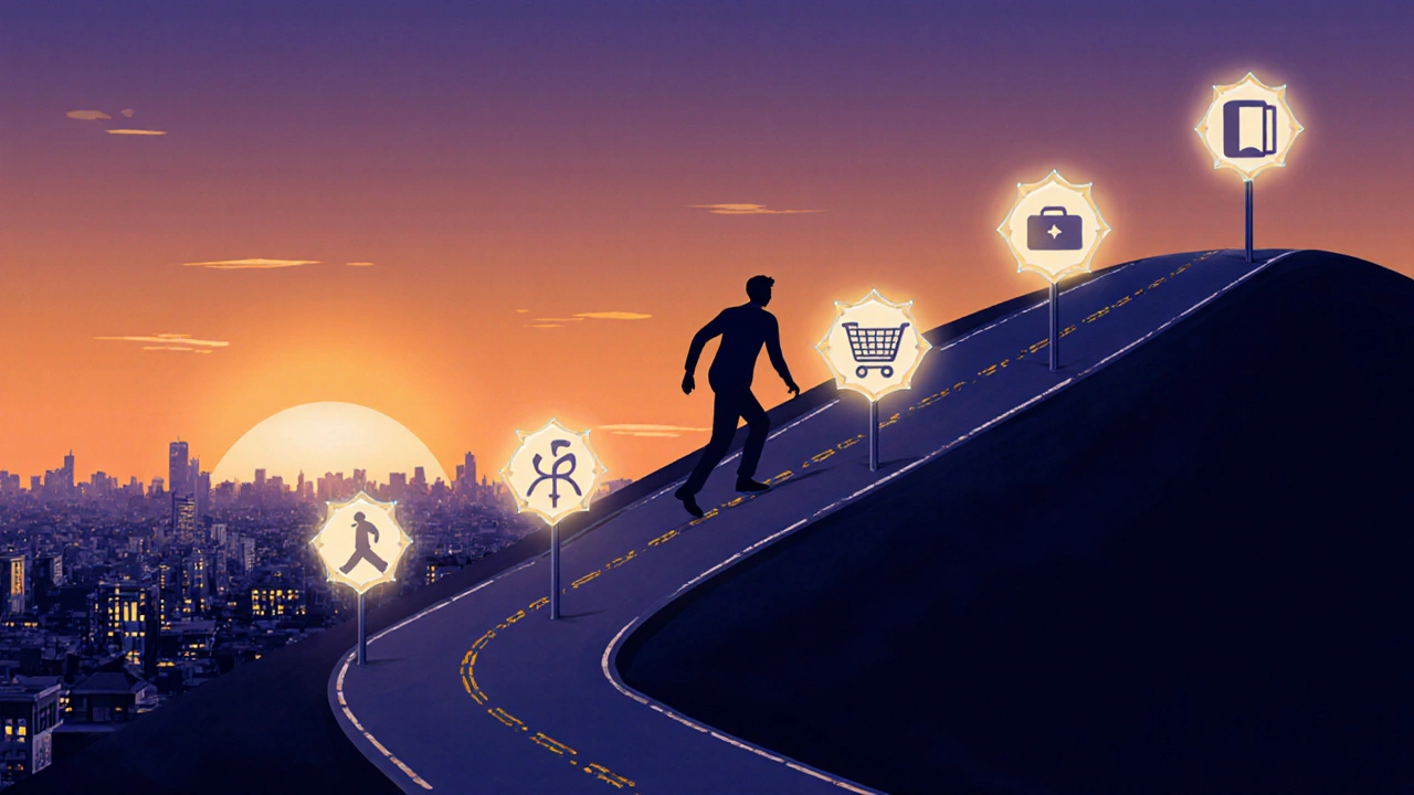 Sunset road with glowing signposts of icons for learning milestones and a figure walking upward.