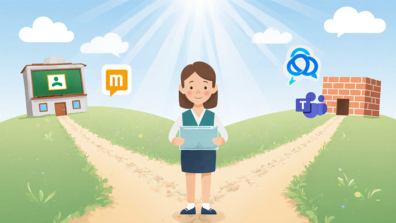 Teacher at a crossroads choosing between Google Classroom, Moodle, and Teams.