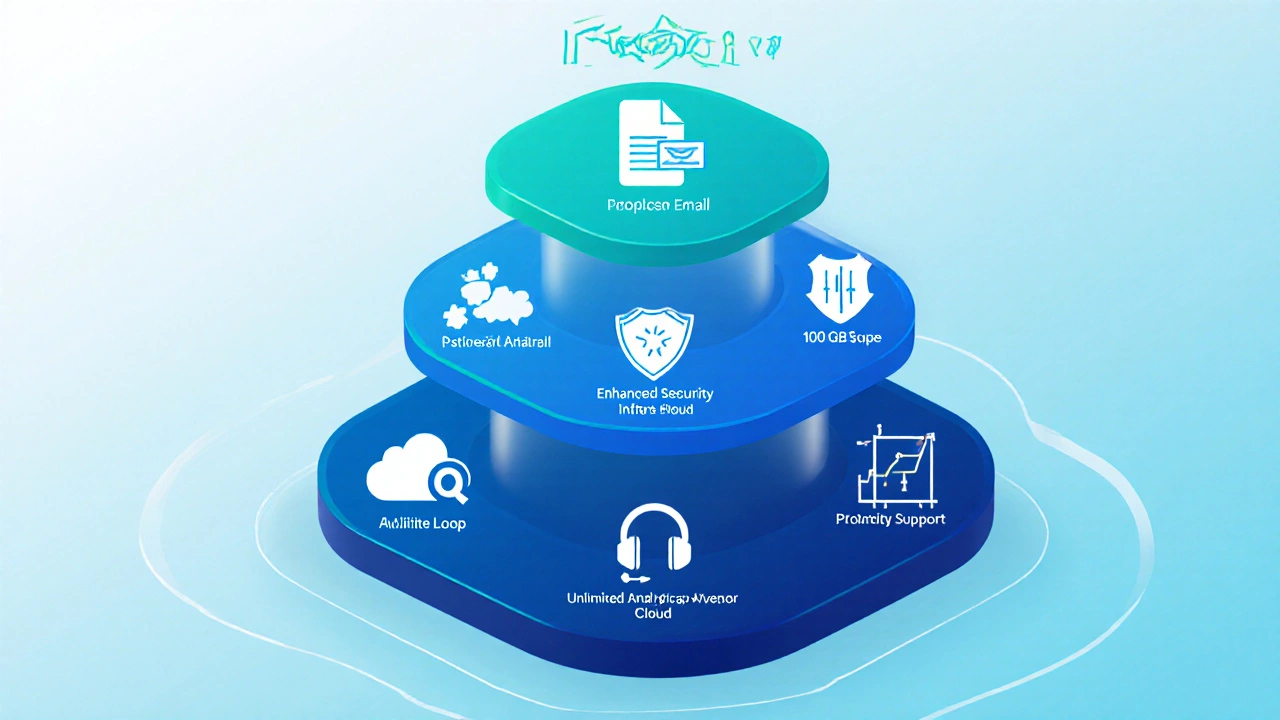 Three layered icons showing free, standard, and plus features in cool colors.