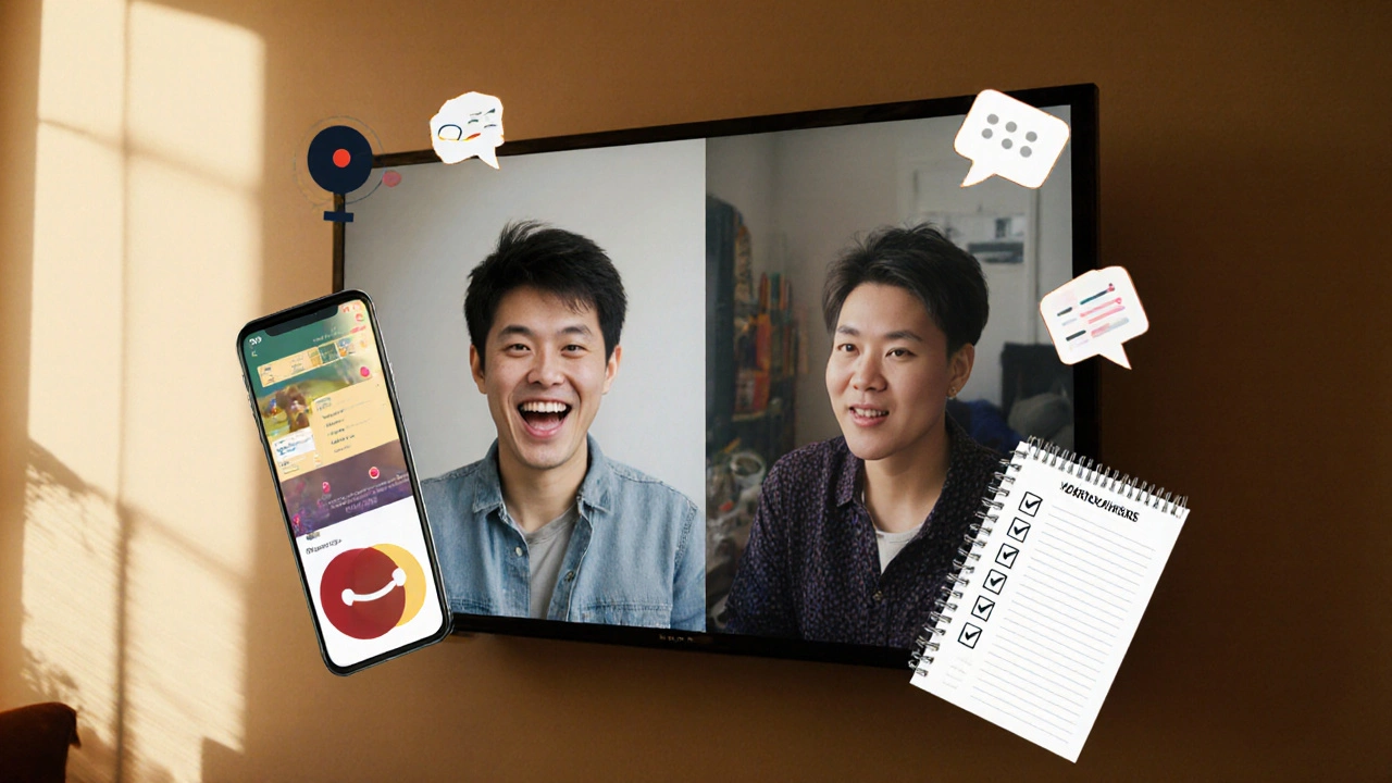 Video call between learner and native speaker with immersion icons and progress sheet.