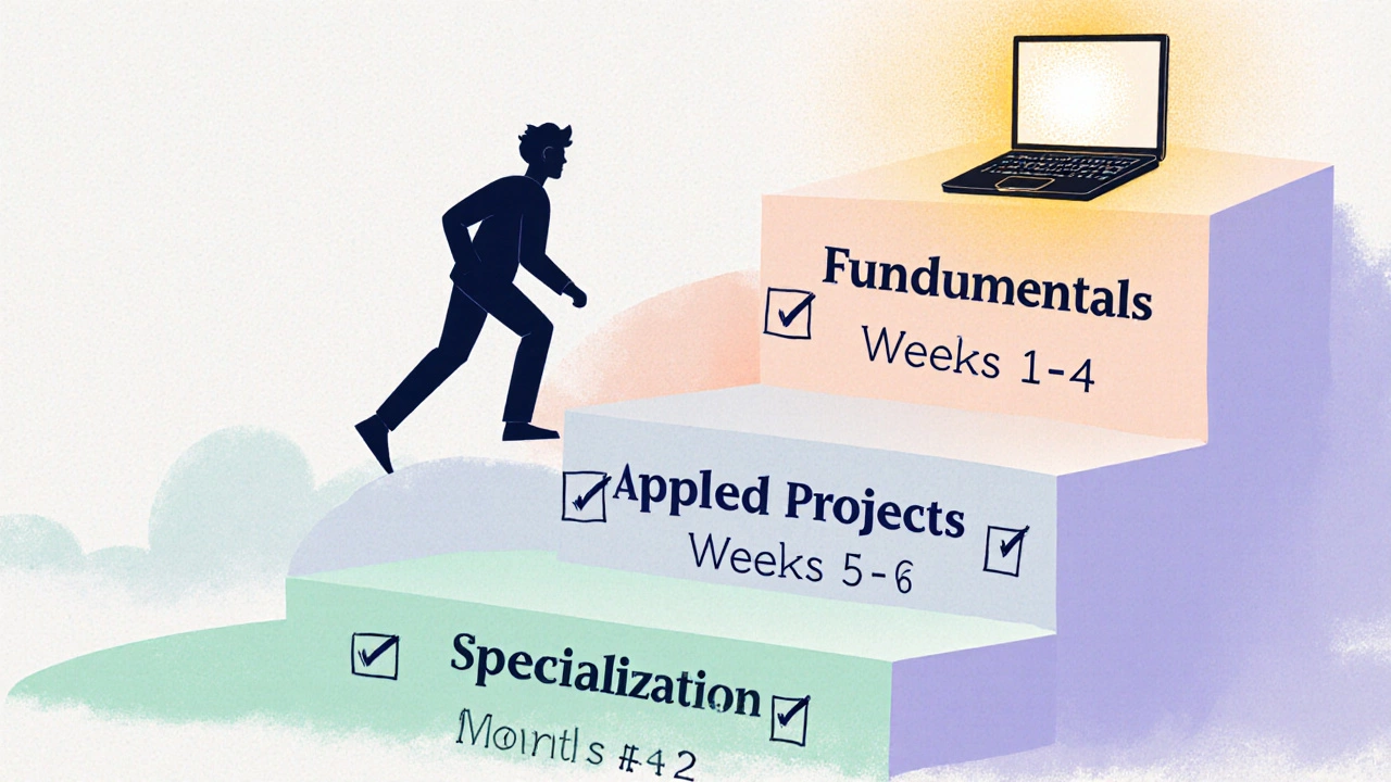 Visual roadmap showing learning phases and milestones leading to a bright laptop at the summit.