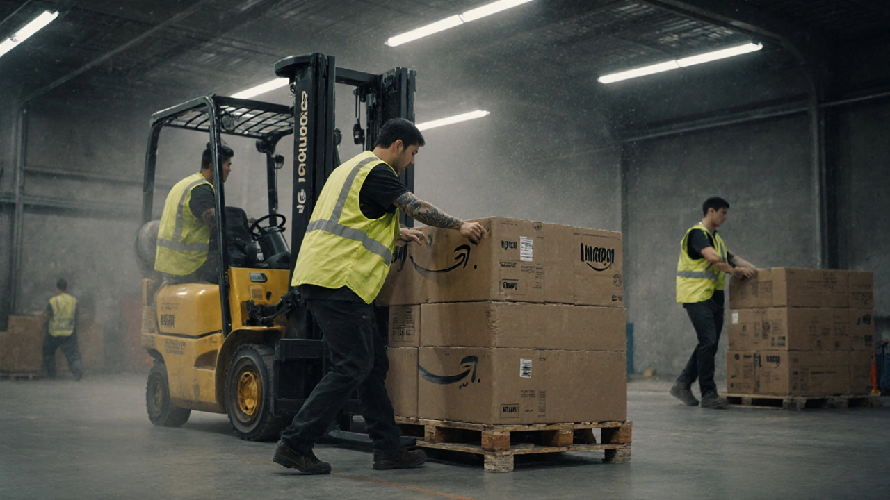Warehouse workers loading pallets with forklifts under fluorescent lights.