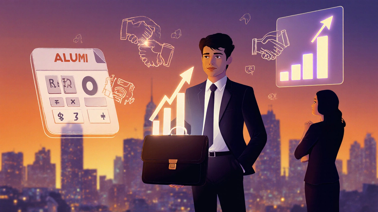 Young professional with briefcase turning into a bar graph, showing ROI and networking.