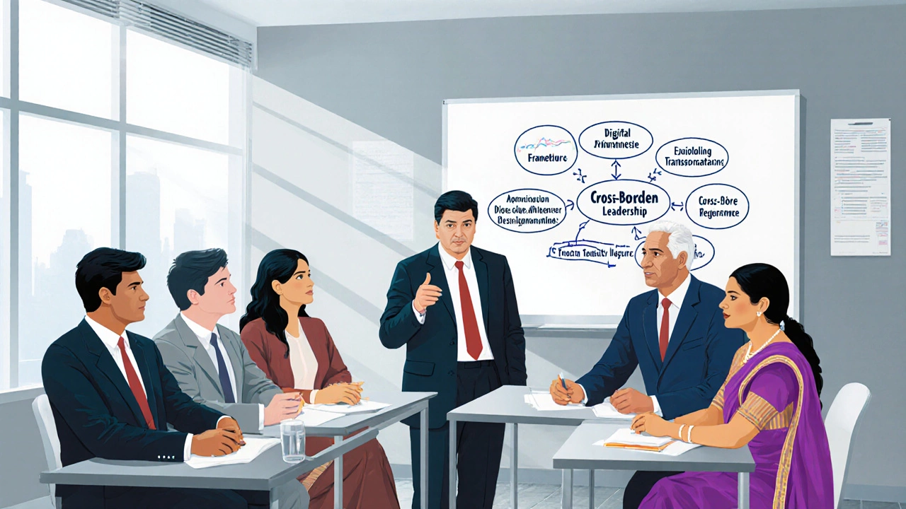 A diverse group of professionals over 40 in an EMBA class, actively discussing strategy in a bright Indian classroom.