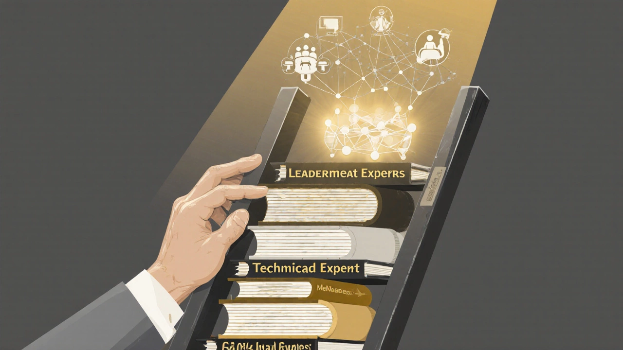 A hand reaching the top of a ladder made of business concepts, symbolizing career transformation and leadership.