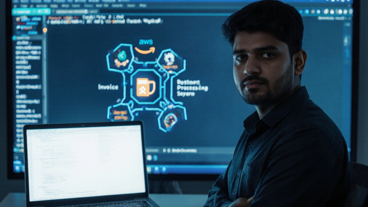 A young man from Coimbatore showcasing an AWS-powered invoice automation system with his GitHub repo visible.