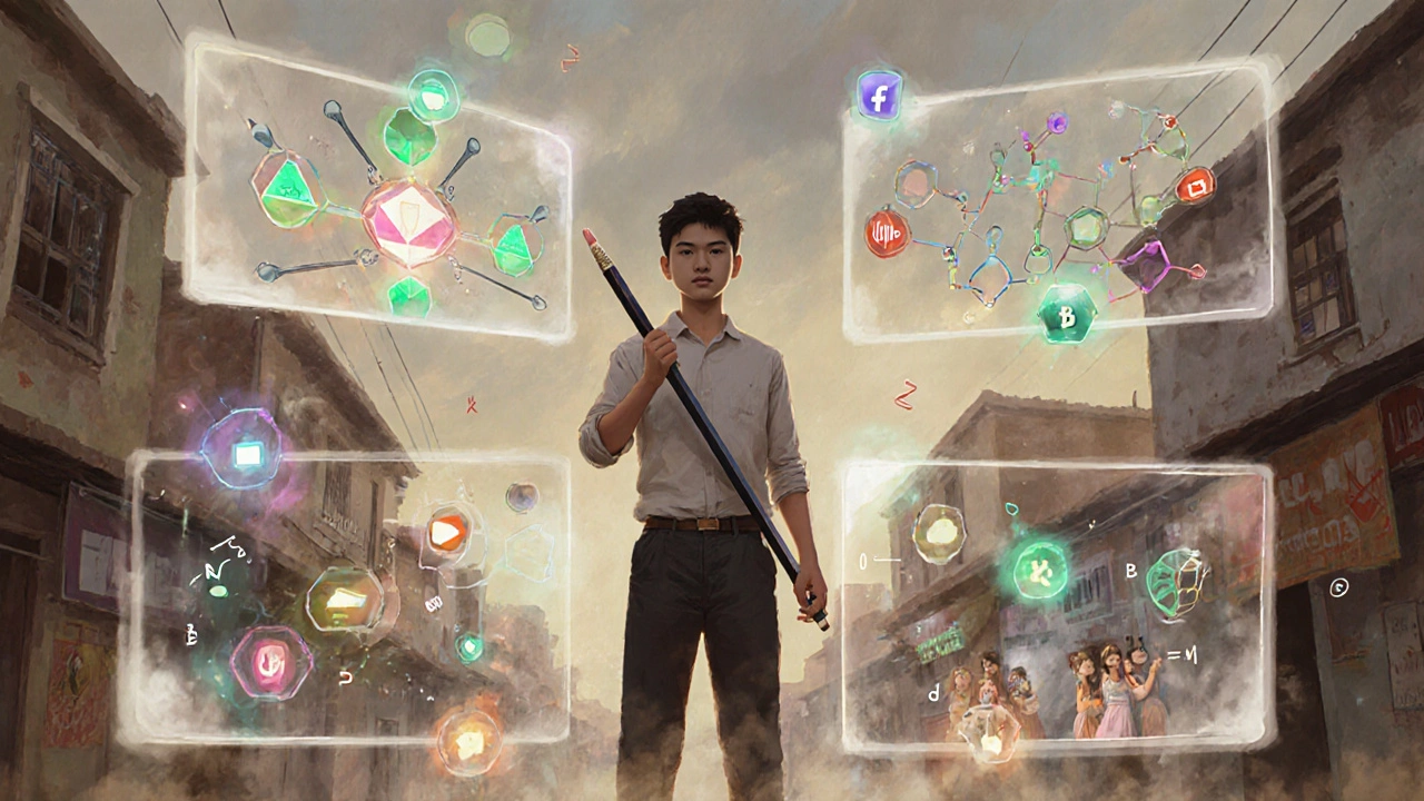 Aspirant surrounded by floating JEE concepts, distractions fading into smoke.