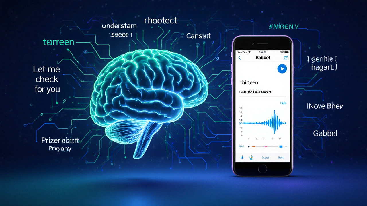 Brain with glowing neural pathways connected to a speech recognition interface showing pronunciation feedback.