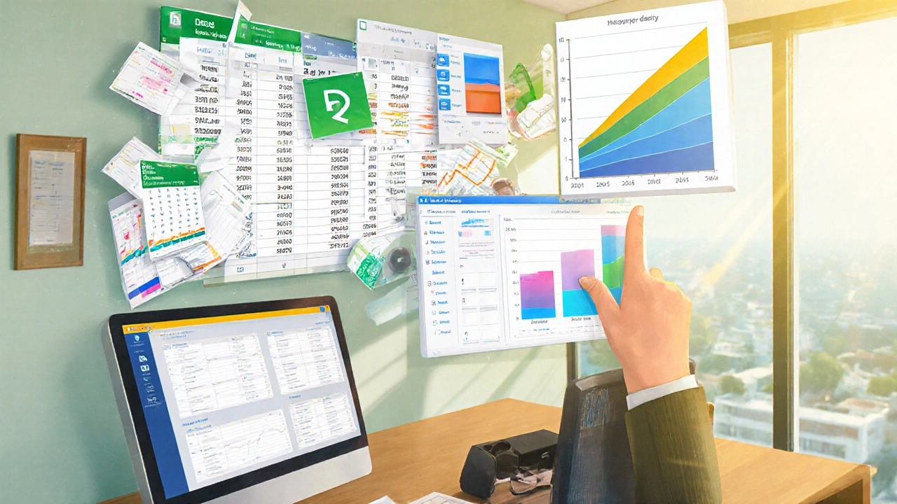 Cluttered spreadsheet turning into colorful data charts under morning light.