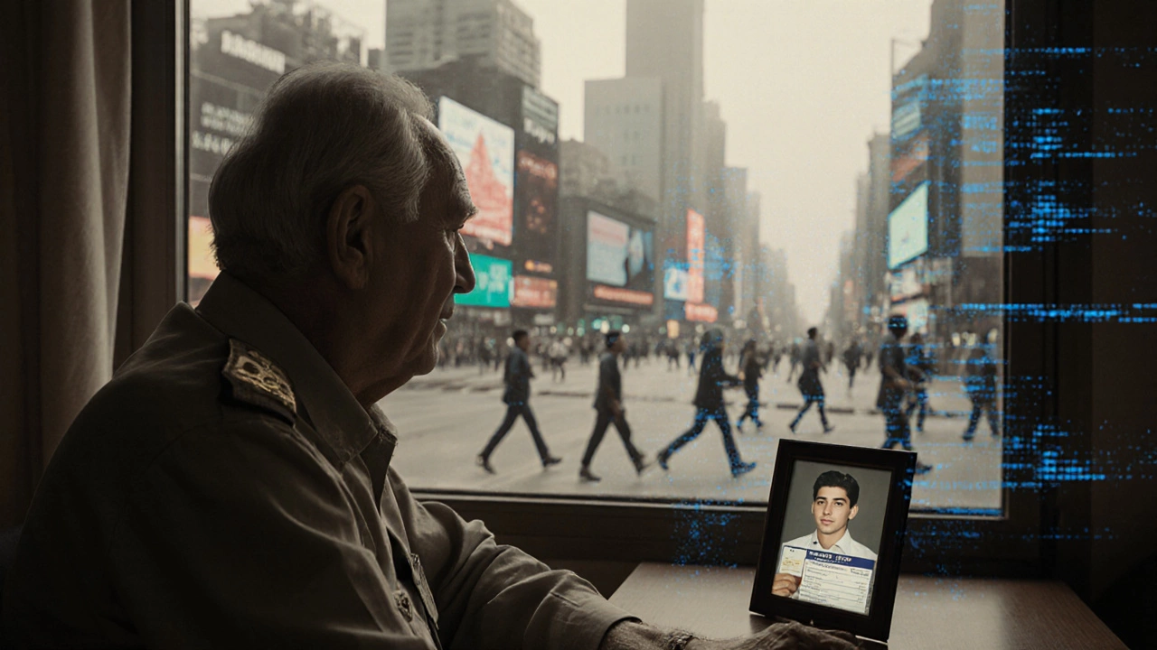 Elderly government employee looking out window at bustling city, holding photo of younger self.