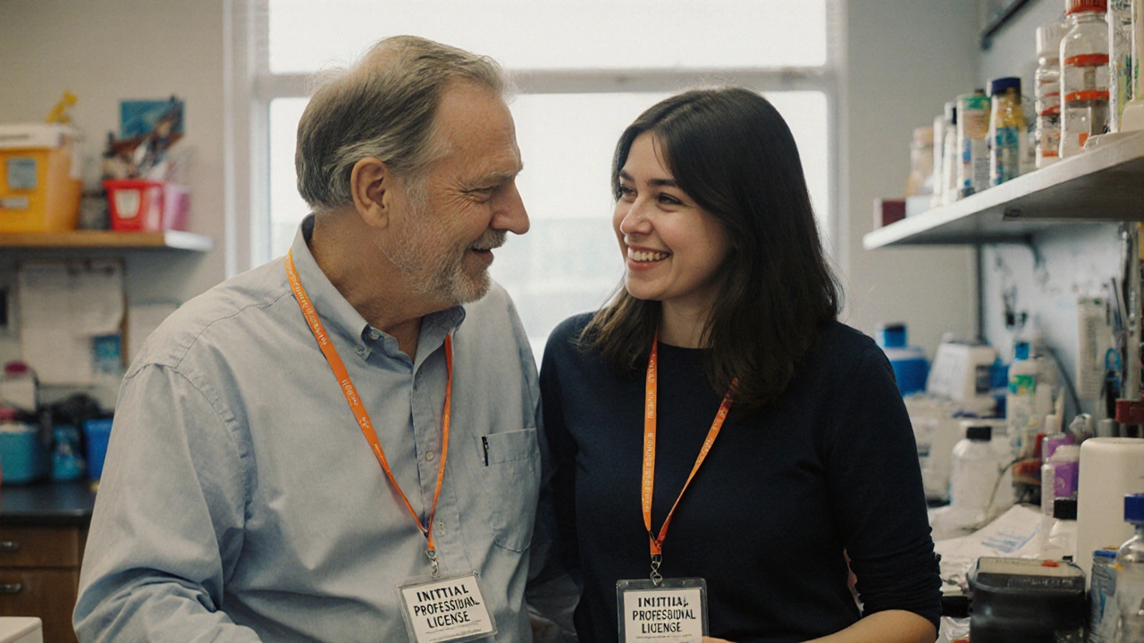 Experienced teacher mentoring a new educator in a high school science lab.