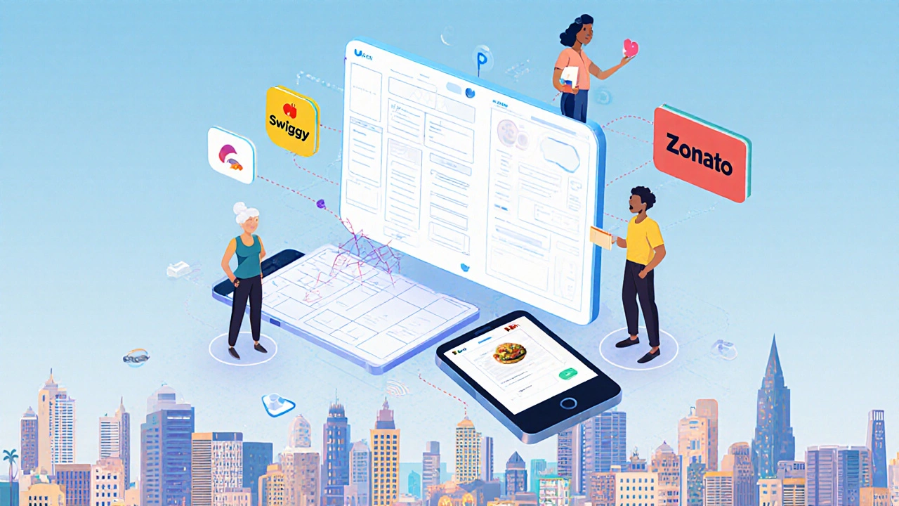 Figma UI designs floating above Indian city, connected to popular apps.
