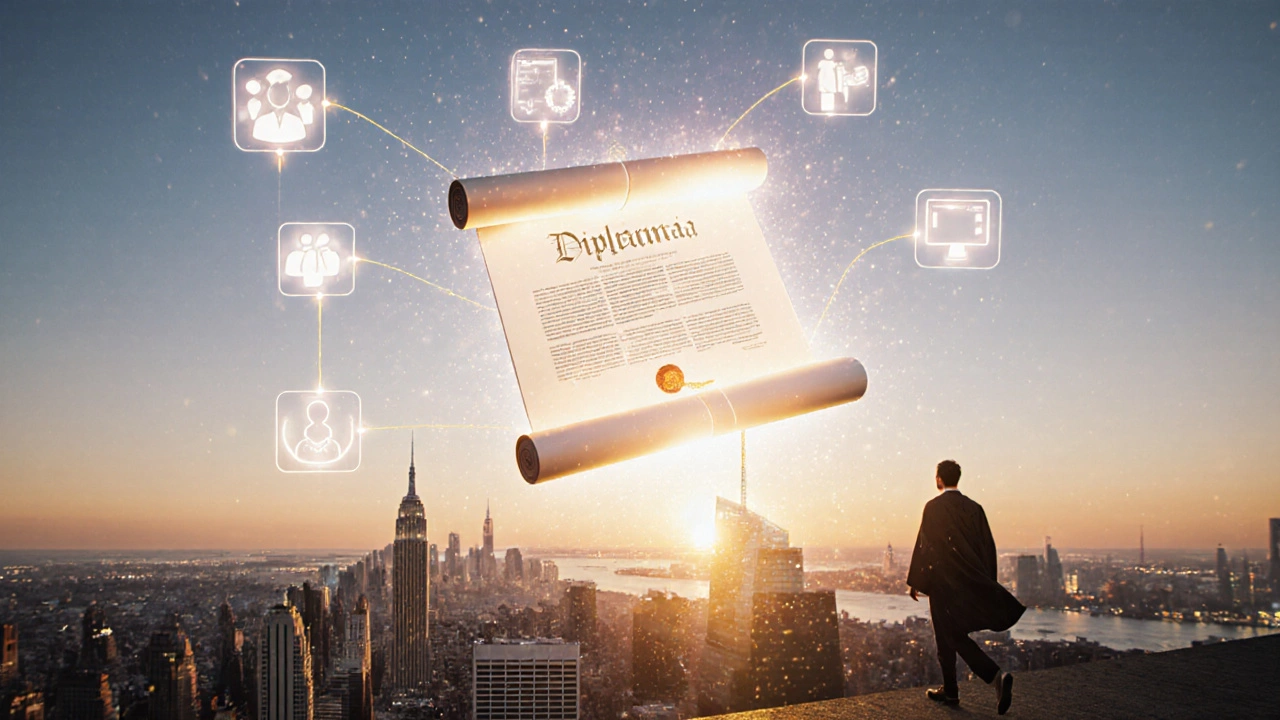 Glowing diploma above city skyline with career pathways leading to it