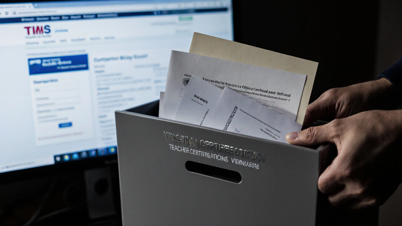 Hands submitting official documents for Virginia teaching certification.
