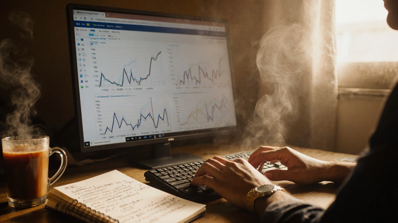 Hands typing SQL queries beside a Tableau dashboard showing rising sales, with a cup of chai nearby in a home office.