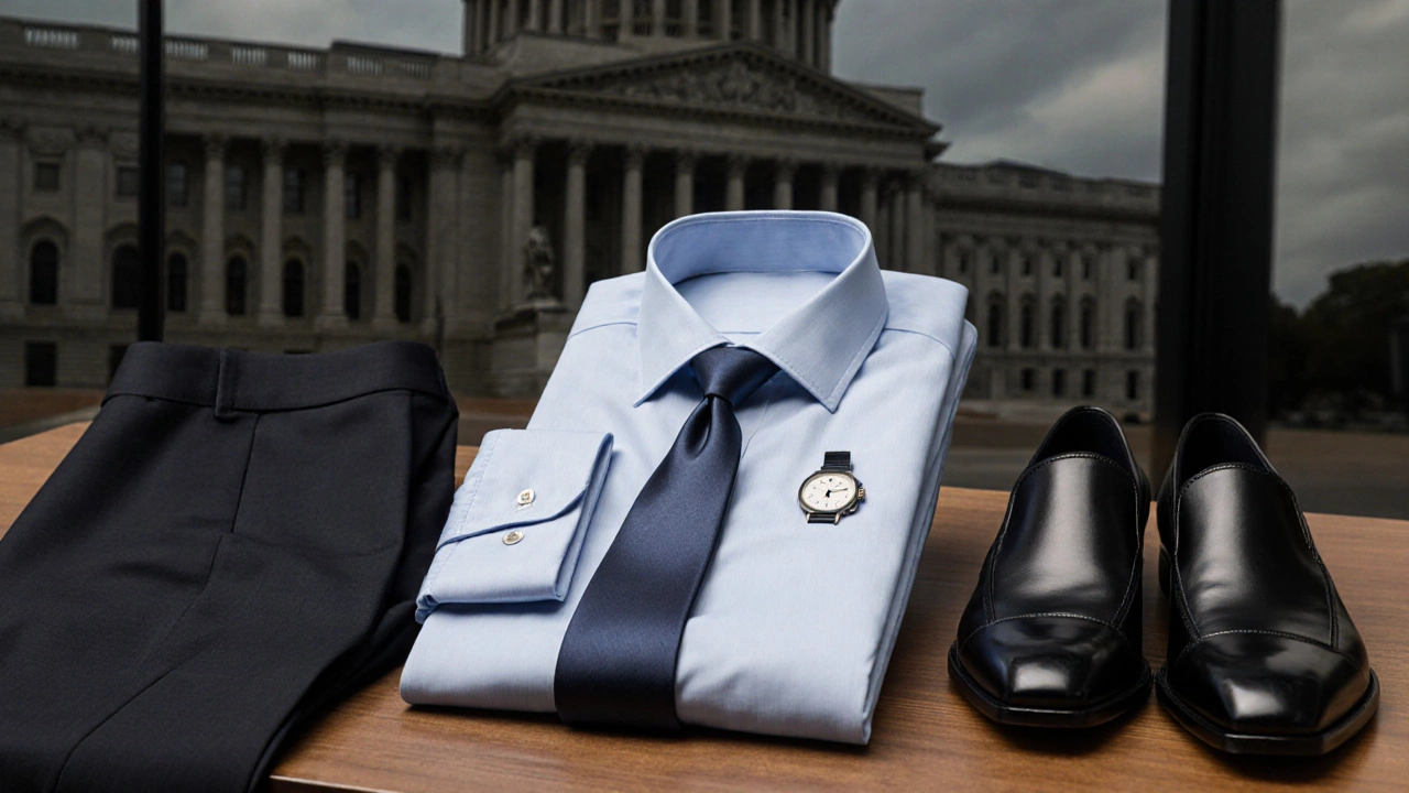 Neatly arranged formal shirt, trousers, shoes, and watch on wood, symbolizing preparation for a government interview.