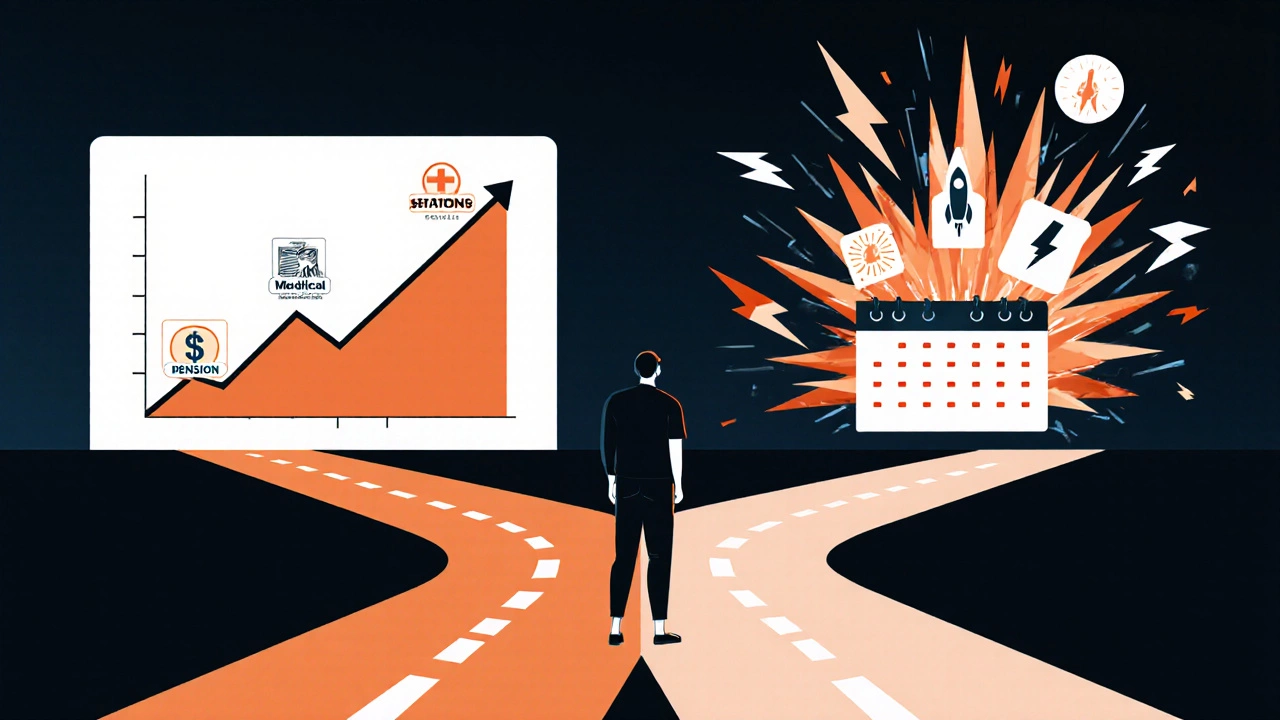 Person at a crossroads with two career paths: steady government benefits vs. dynamic private-sector growth.