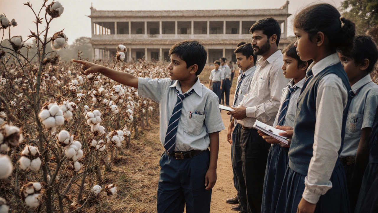 Rural Indian children learning about cotton farming with teacher in field.