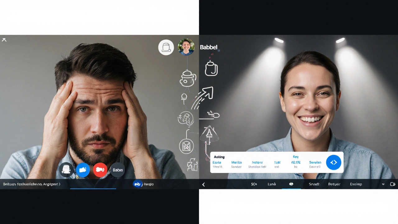 Split-screen showing transition from hesitant to confident English speaker using Babbel app.