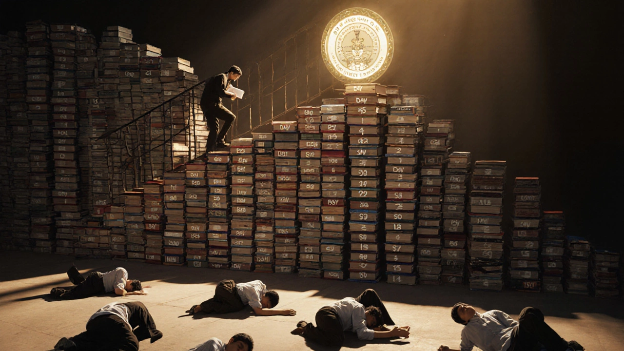 Staircase of textbooks leading to an IIT Bombay badge, one climber ascending.